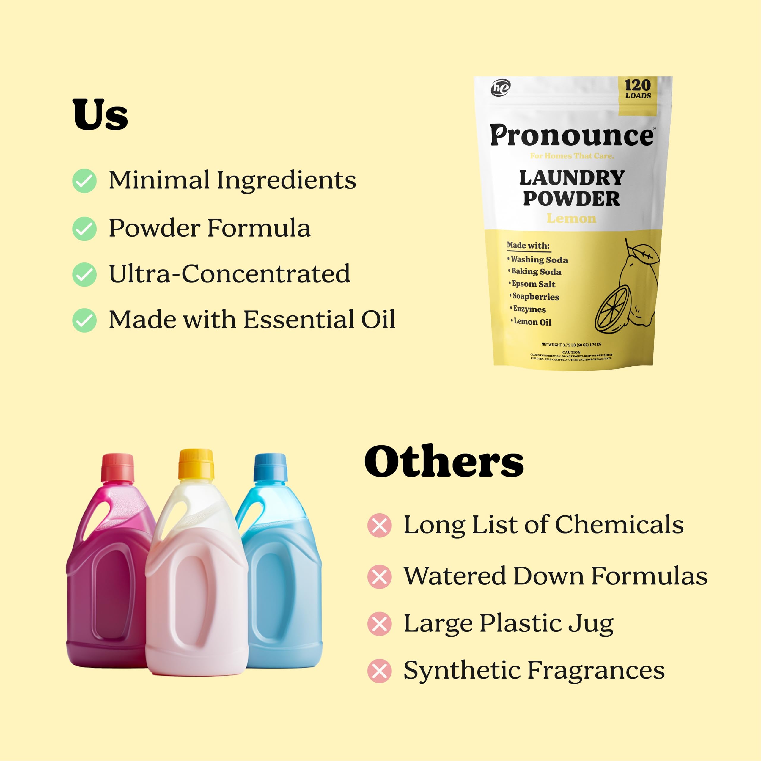 Pronounce Laundry Powder HE-washer bottle—low-suds formula compatible with high-efficiency machines.