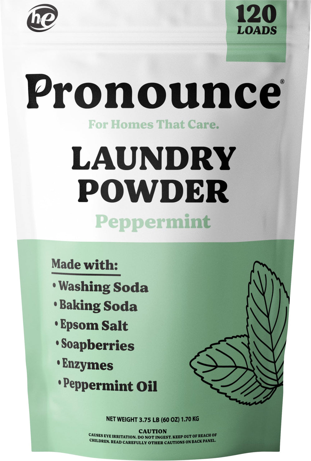 Pronounce laundry powder packaging in USA highlights eco packaging and US-sourced ingredients.