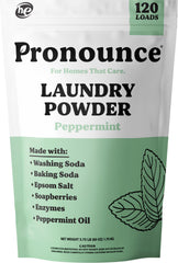 Pronounce laundry powder packaging in USA highlights eco packaging and US-sourced ingredients.