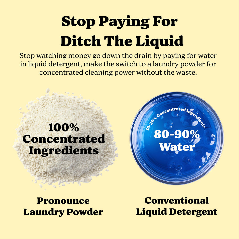 Pronounce Laundry Powder US-made packaging—local sourcing supports domestic jobs and clean-water charities.
