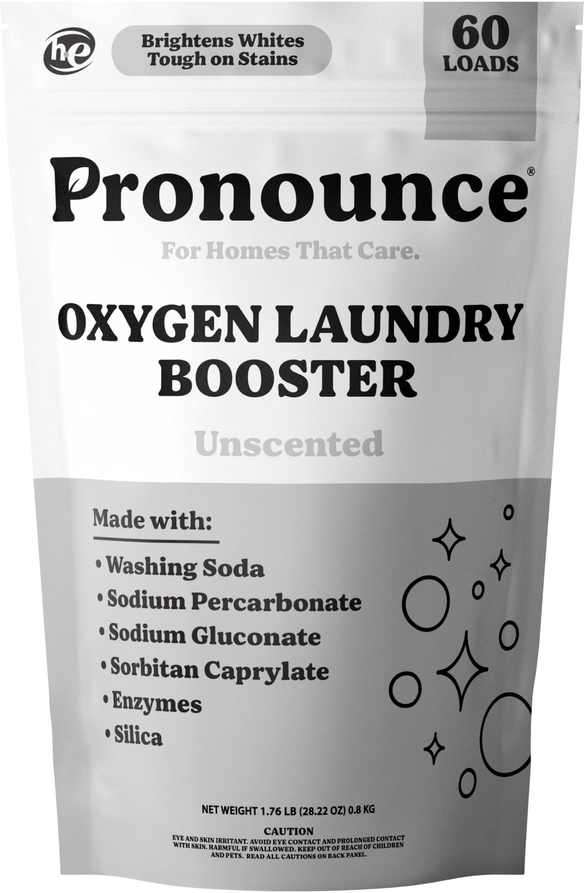 Pronounce Oxygen Laundry Booster bottle shown for unscented family laundry use