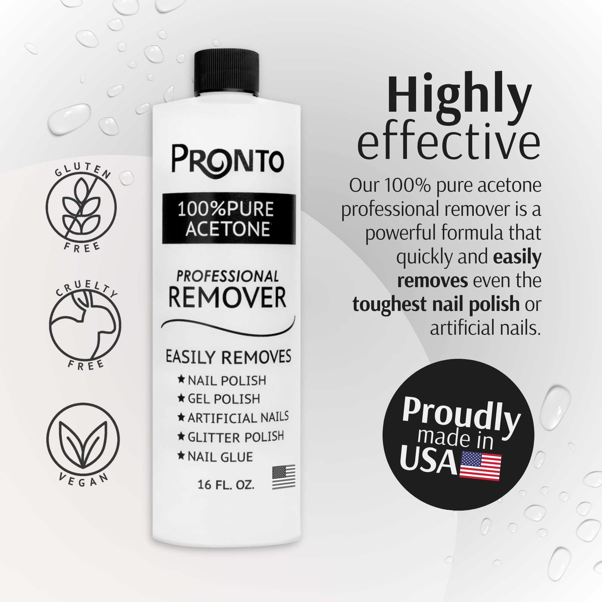 Pronto 100% acetone remover bottle back label shows size and purity
