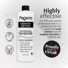 Pronto 100% acetone remover bottle back label shows size and purity