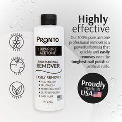 Pronto remover bottle with dispensing cap for easy, mess-free polish removal.