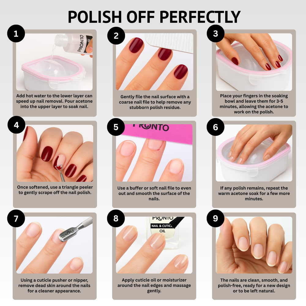 Pronto cuticle oil bottle to hydrate nails after removal.
