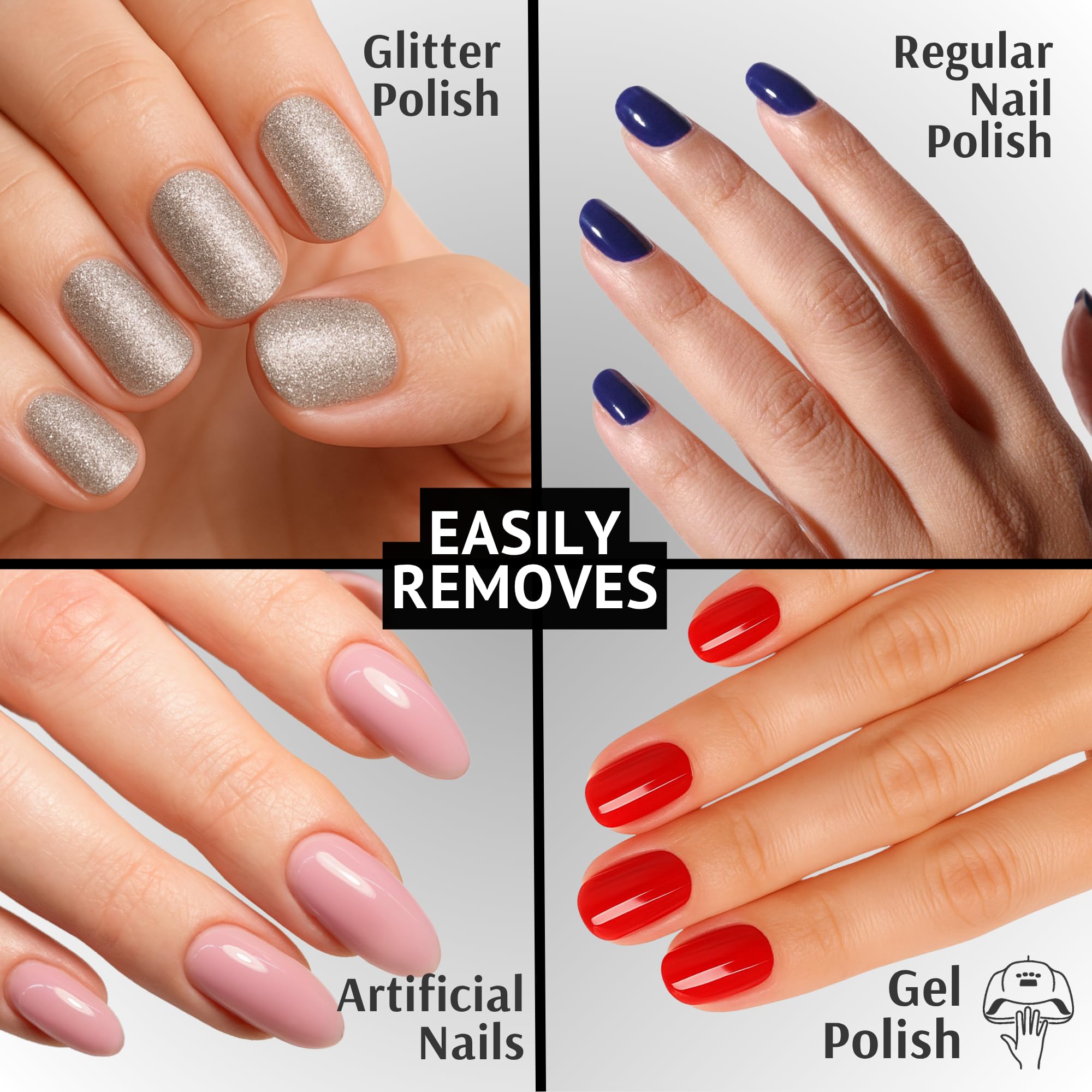 Pronto nail polish remover for glitter removal and smooth finish.