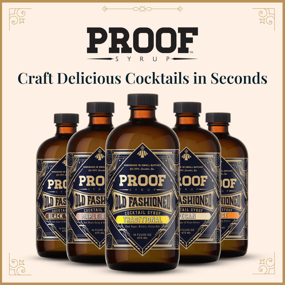 PROOF SYRUP shelf display suggesting party-ready cocktails.