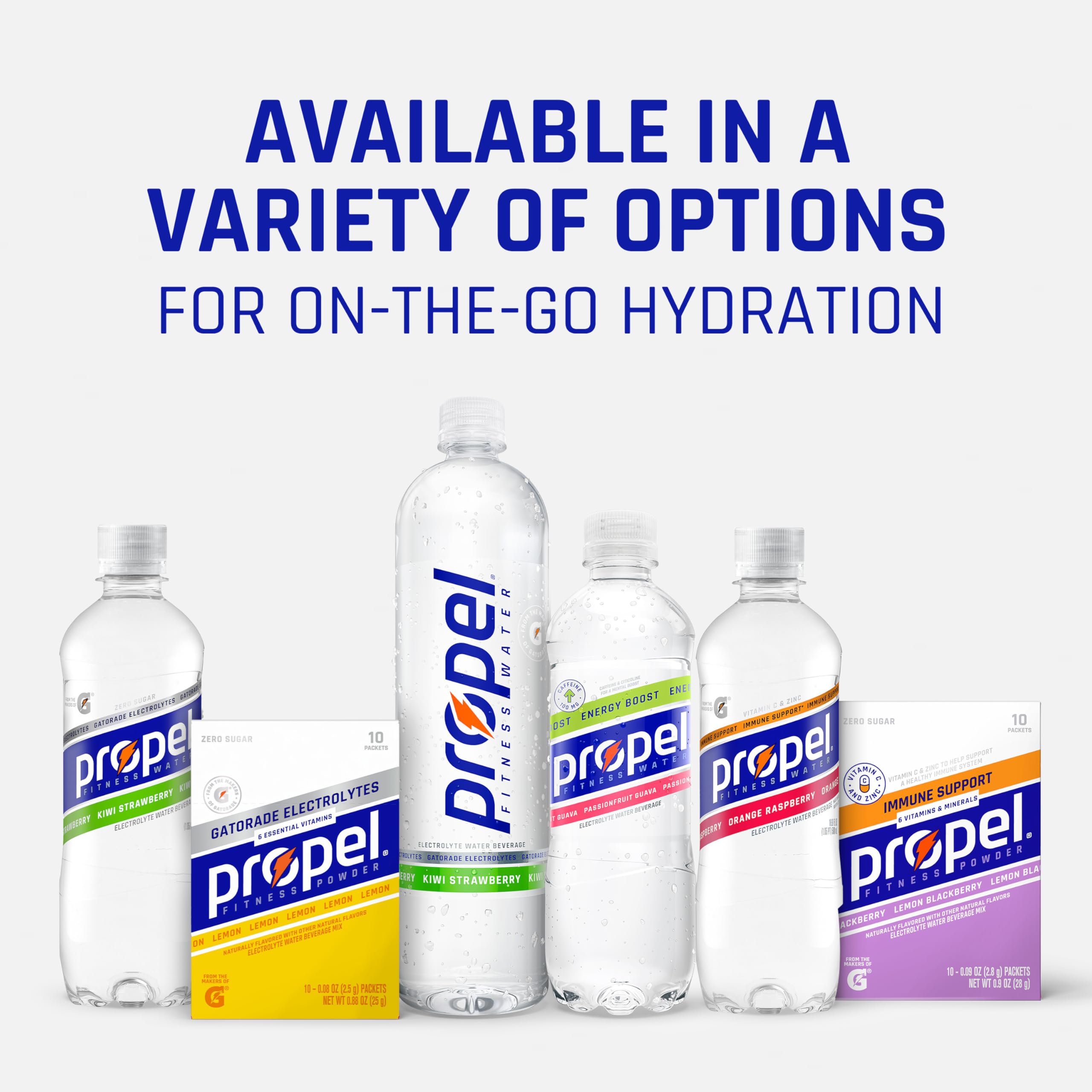 Propel 8-pack grape hydration bottles for on-the-go refills.