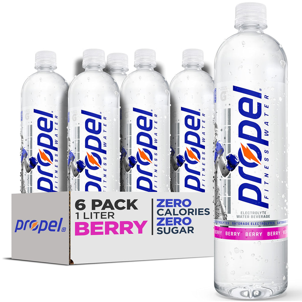 Propel Berry 1L bottle showing zero calories hydration for workouts.