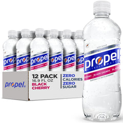 Propel Black Cherry bottle shows zero-calorie hydration for workouts.