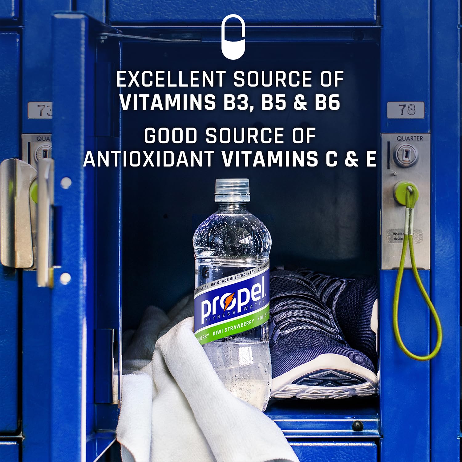 Propel electrolyte hydration graphic communicates zero calories and zero sugar option.