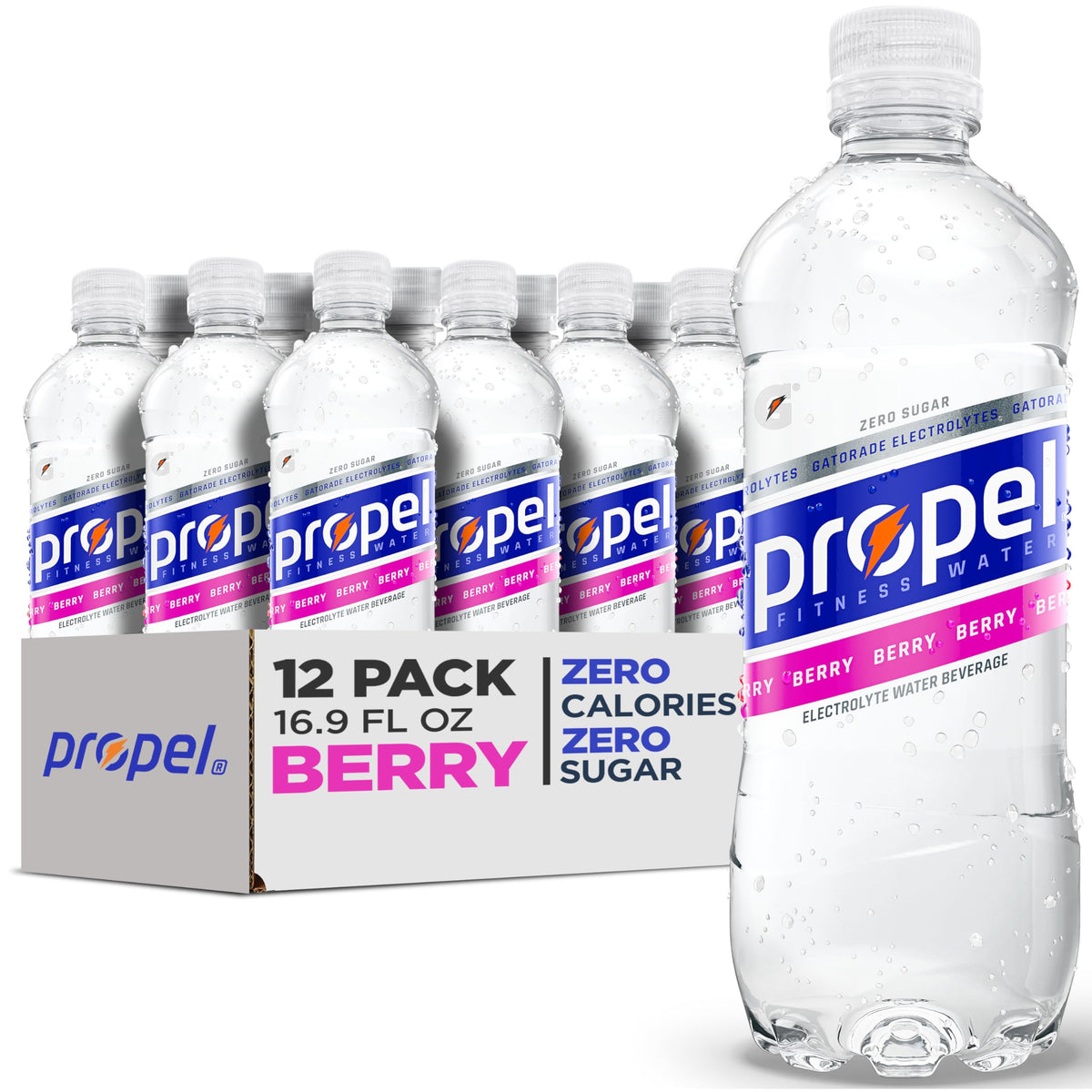 Propel Berry Electrolyte Water front label highlights zero calories and hydration for active days.