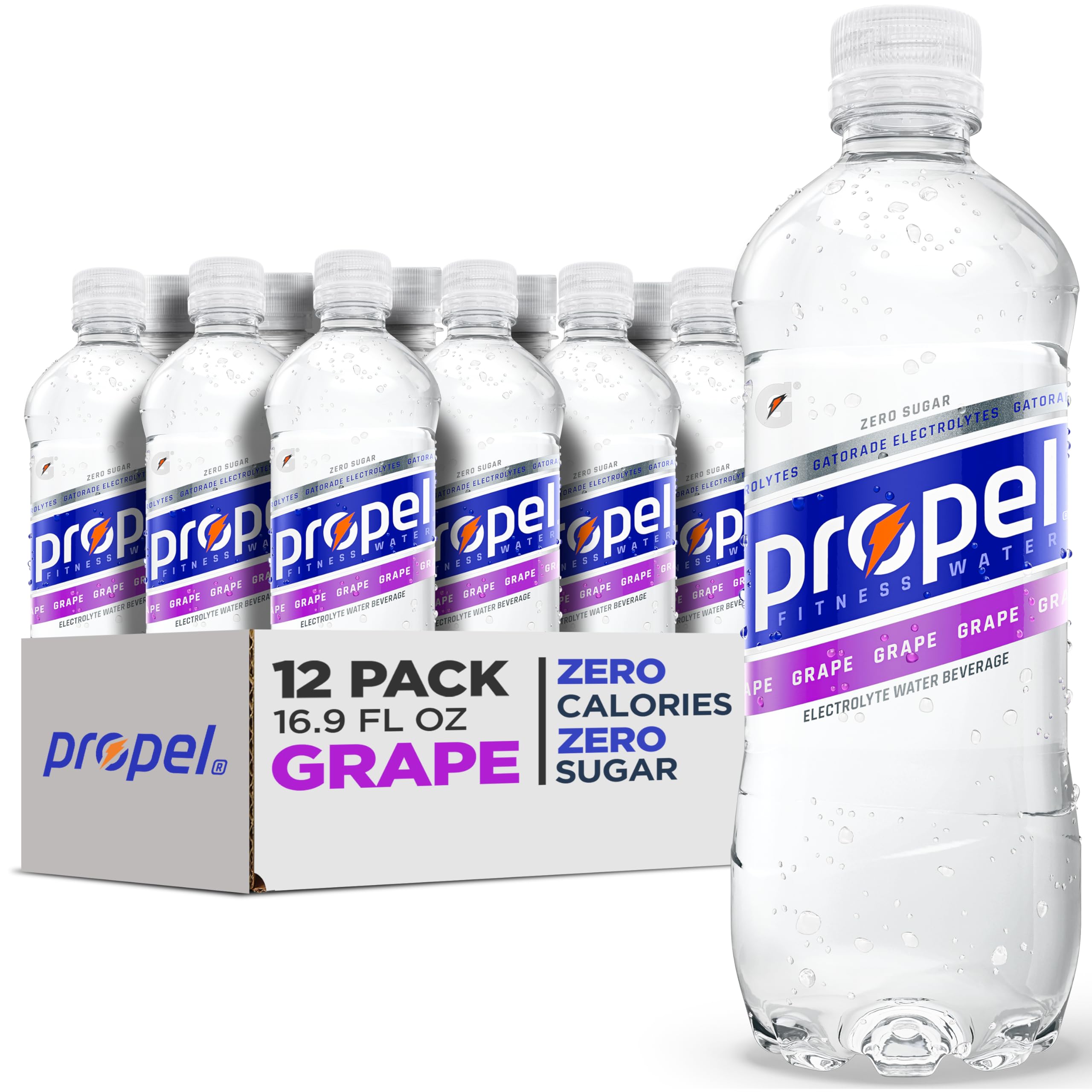 Propel Electrolyte Water grape bottle for workout hydration on the go.