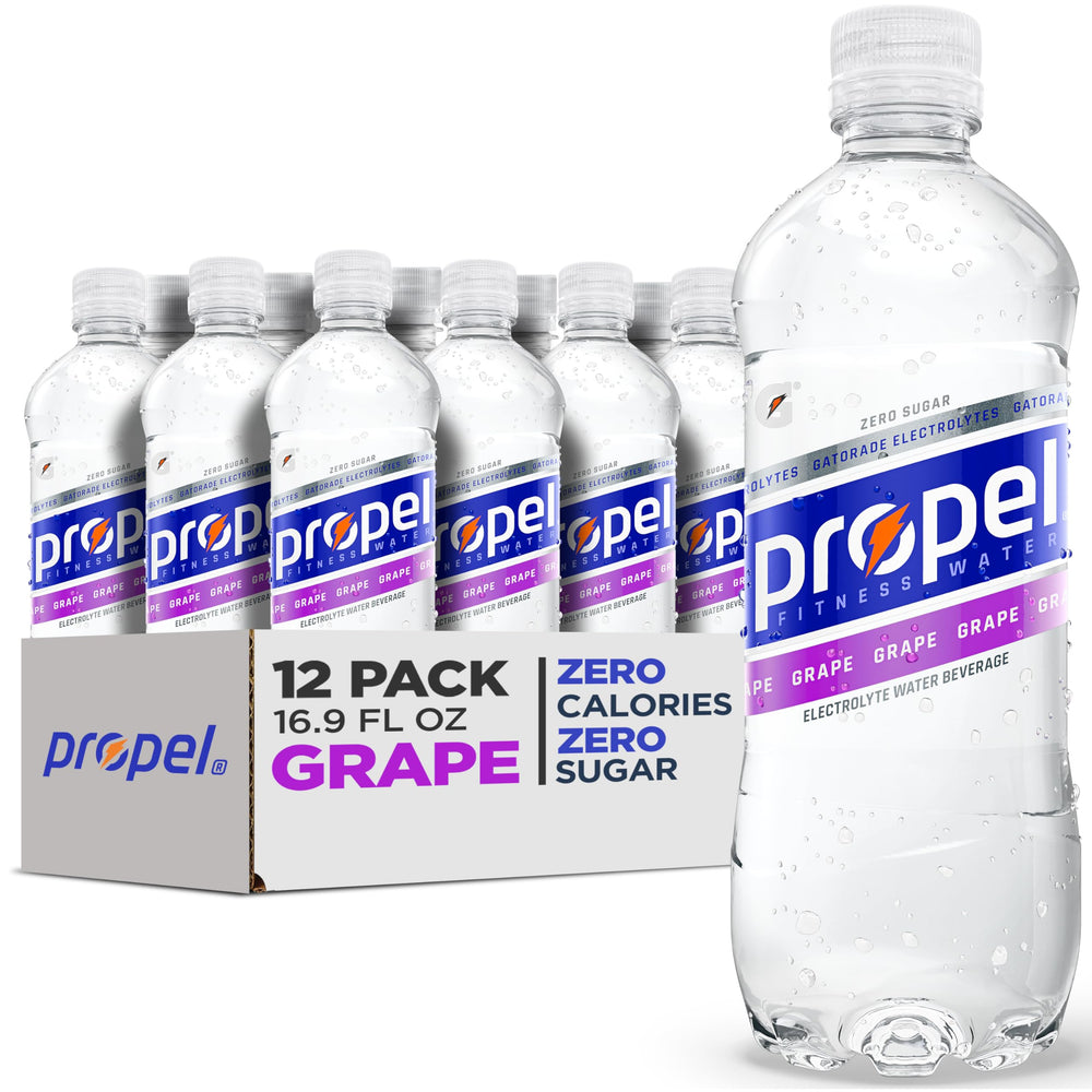 Propel Electrolyte Water grape bottle for workout hydration on the go.