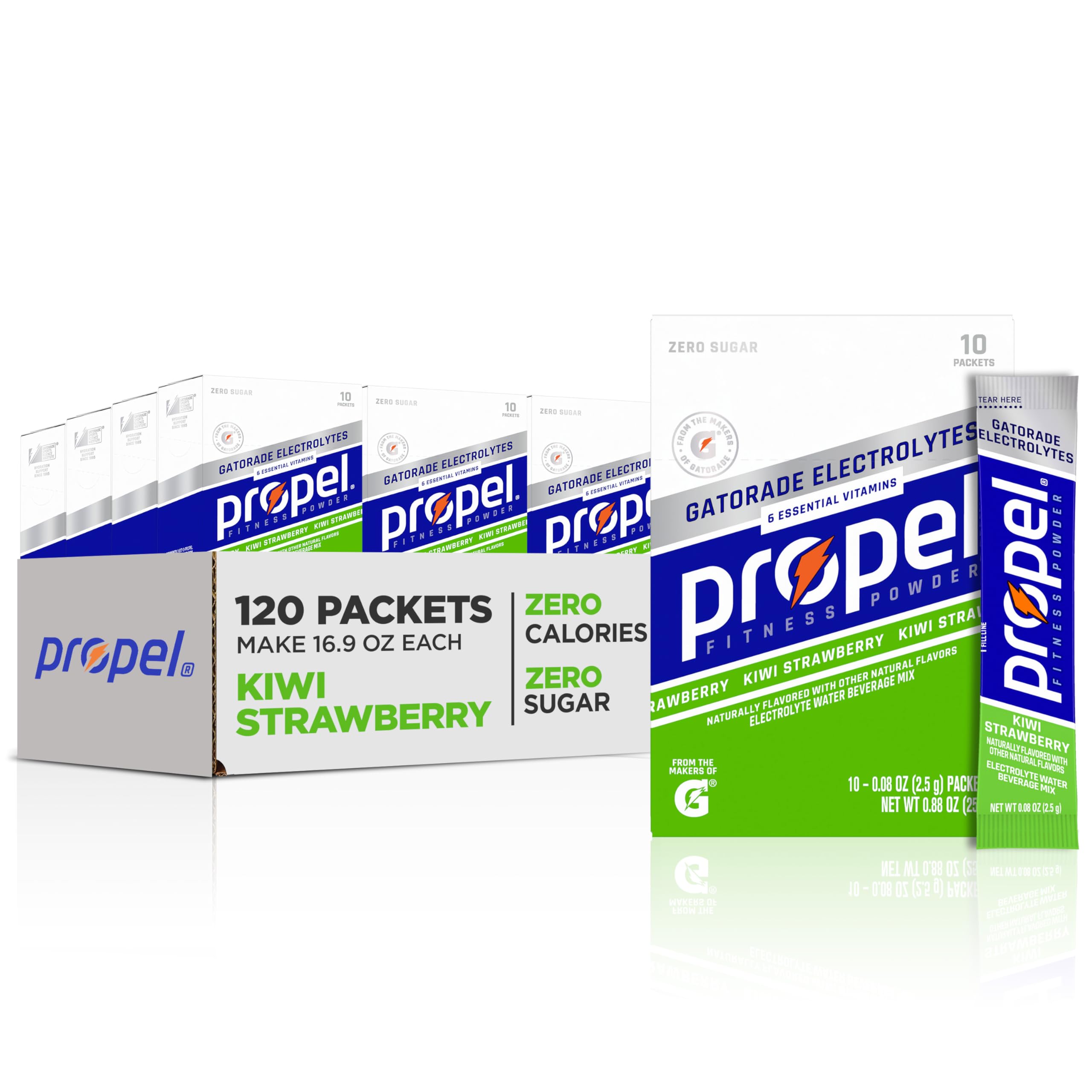 Propel Kiwi Strawberry electrolyte packets for zero calorie hydration on the go.