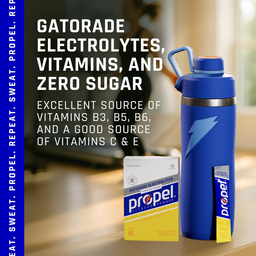 Pouring Propel lemon electrolyte water into a glass during a workout