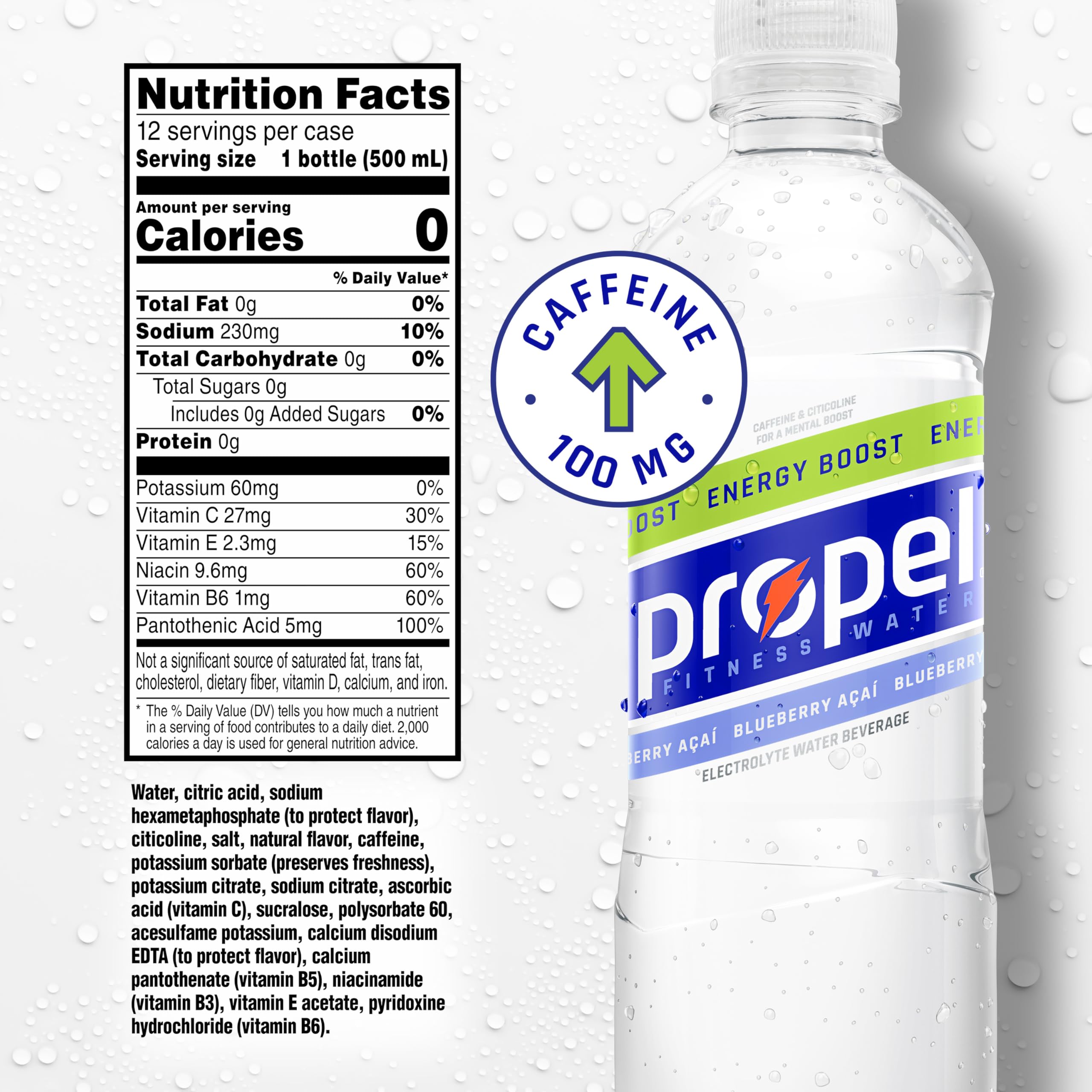 Propel Energy Boost blueberry acai pour illustrating quick caffeine boost for focus.