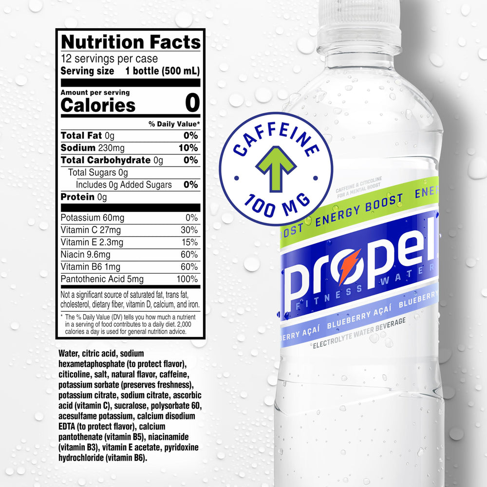 Propel Energy Boost blueberry acai pour illustrating quick caffeine boost for focus.