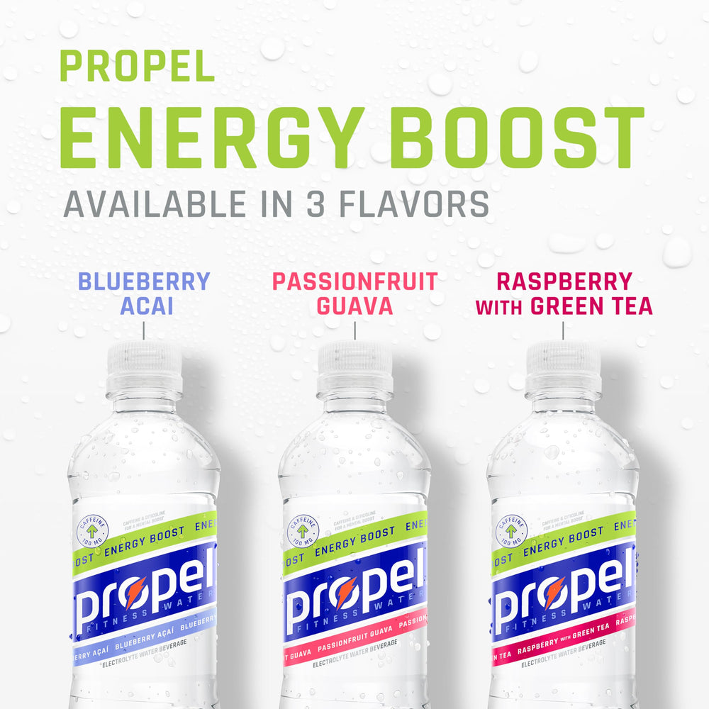 Ice-cold Propel Energy Boost bottle ideal for post-workout refreshment.