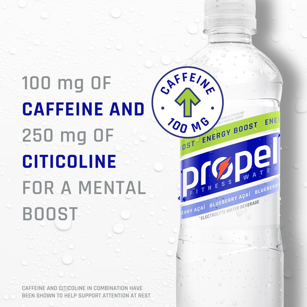 Close-up of Propel Energy Boost label highlighting vitamins and electrolytes.