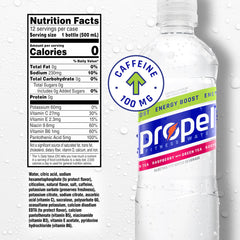 Propel Energy Boost Raspberry Green Tea bottle side, zero sugar hydration for active days.