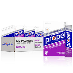 Propel grape box with packets showing zero-calorie hydration for workouts.