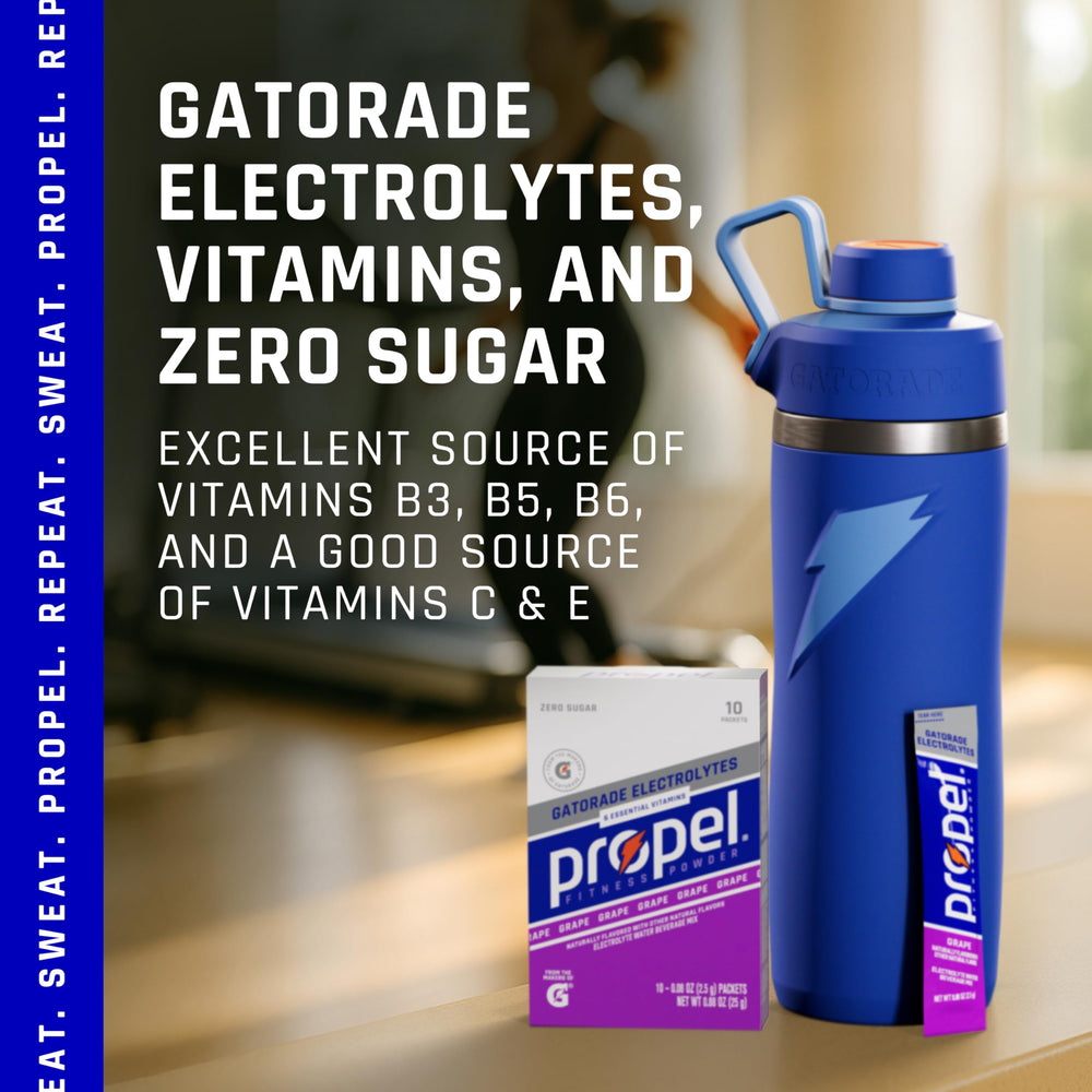 Propel grape drink in a glass illustrating flavorful electrolyte hydration.