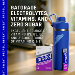 Propel grape drink in a glass illustrating flavorful electrolyte hydration.