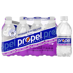 Propel grape-flavored water bottle for active hydration during workouts.