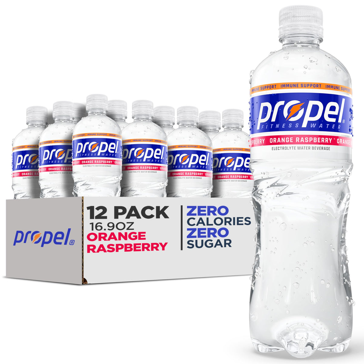 Propel Immune orange raspberry bottle front for zero-calorie hydration