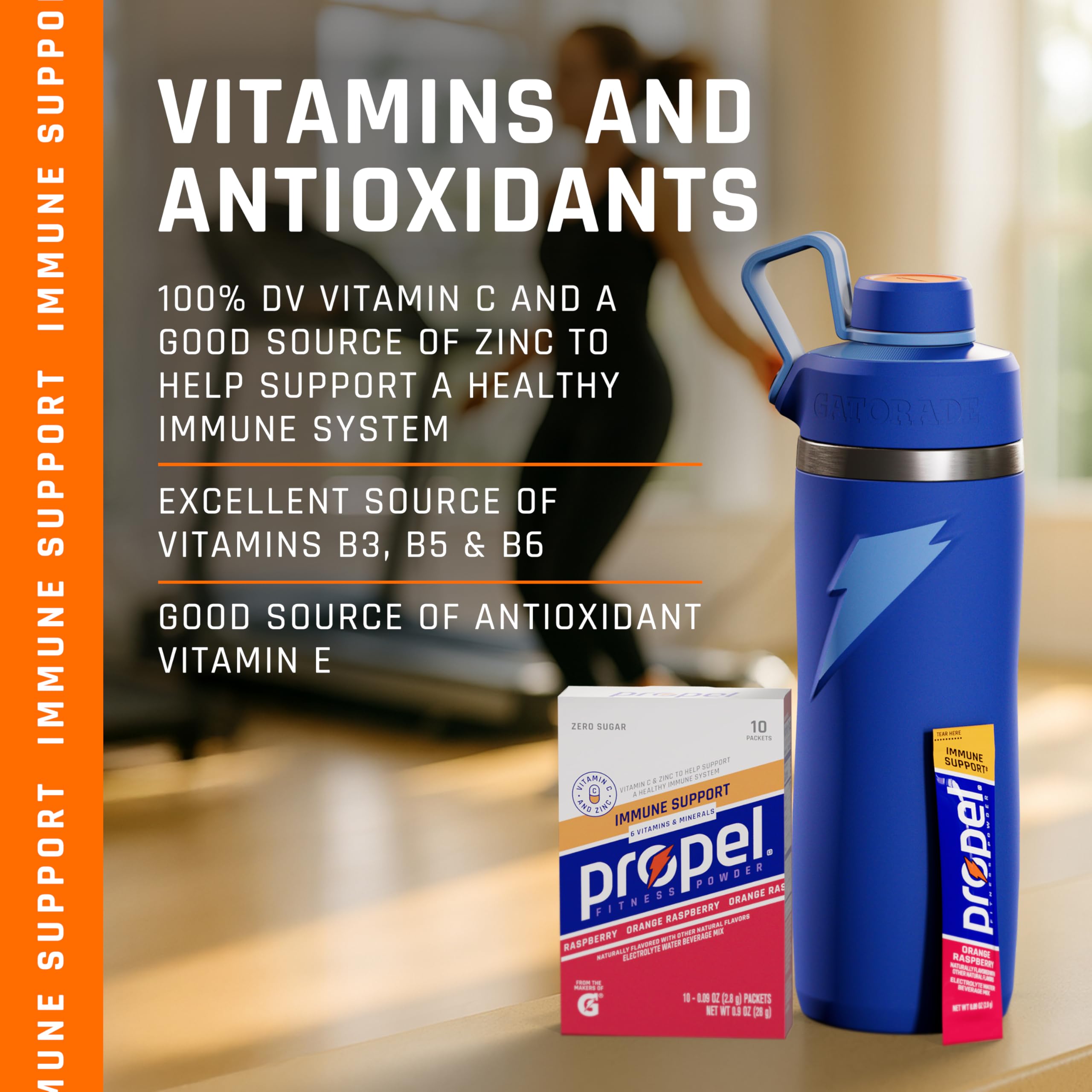 Propel Immune Support Lemon Propel packet offers zero sugar hydration.