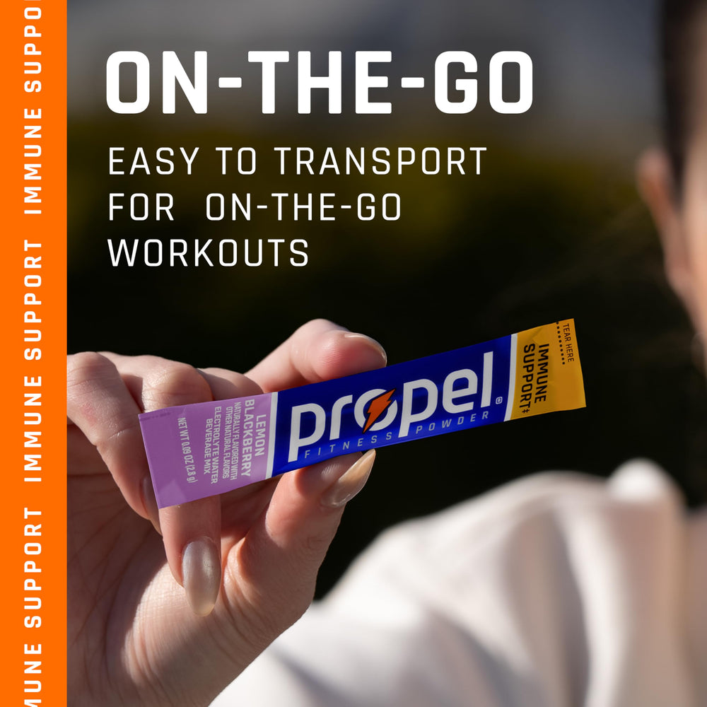 Propel Immune Support Orange Raspberry IS packet, vibrant flavor for workouts.