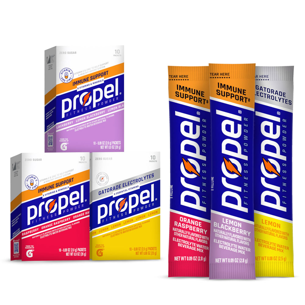 Propel Immune Support variety-pack boxes showcase versatile hydration for active days.