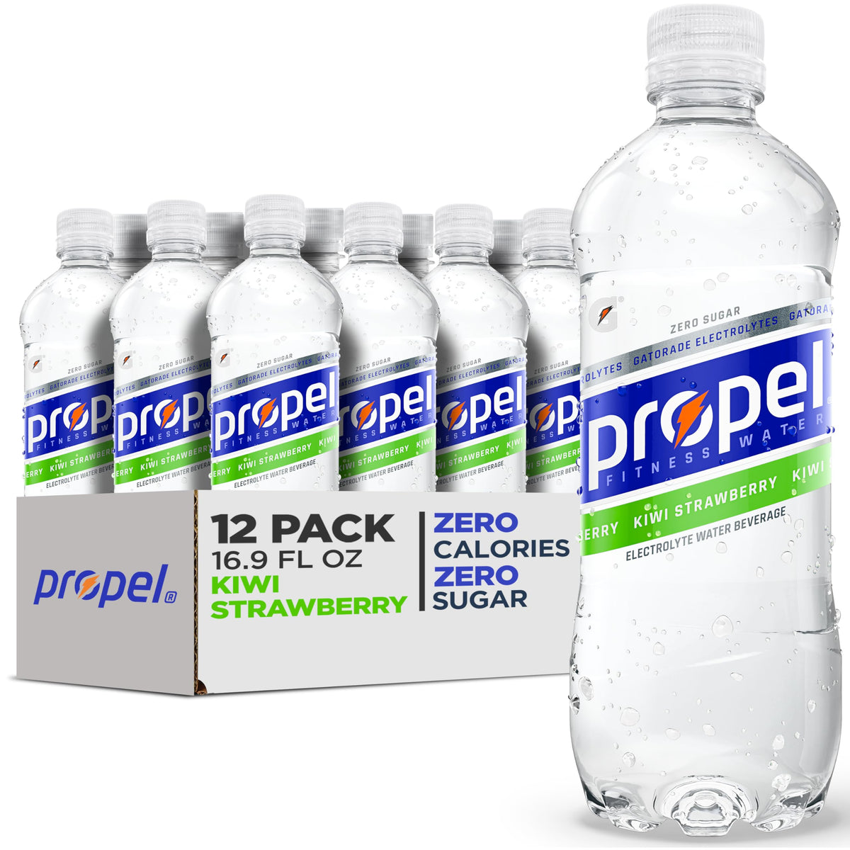 Propel Kiwi Strawberry bottle front view showing zero calories and hydration appeal.