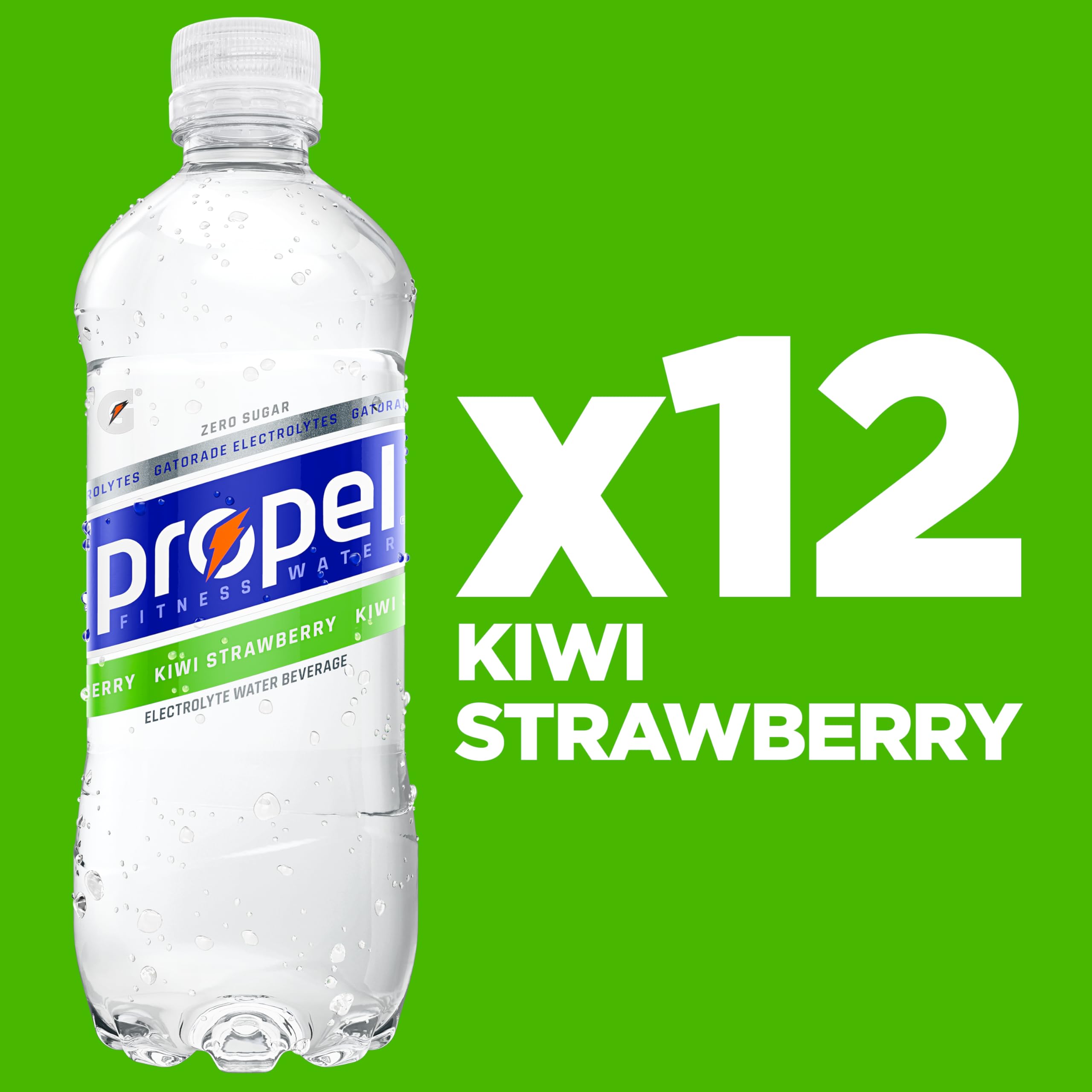 Close-up of the Propel Kiwi Strawberry label highlighting vitamins and electrolytes.