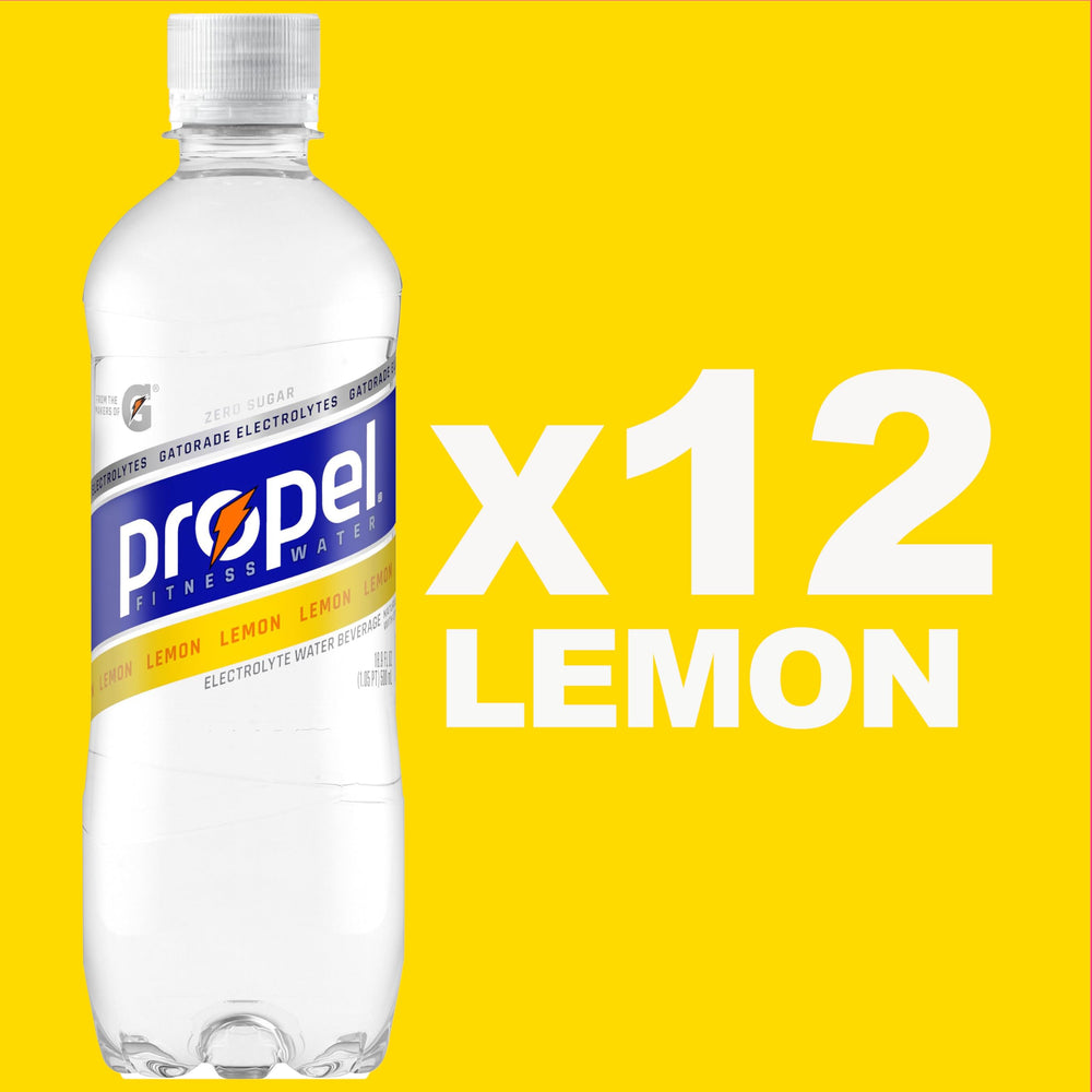 Close-up of Propel label highlighting electrolytes and vitamins for hydration.