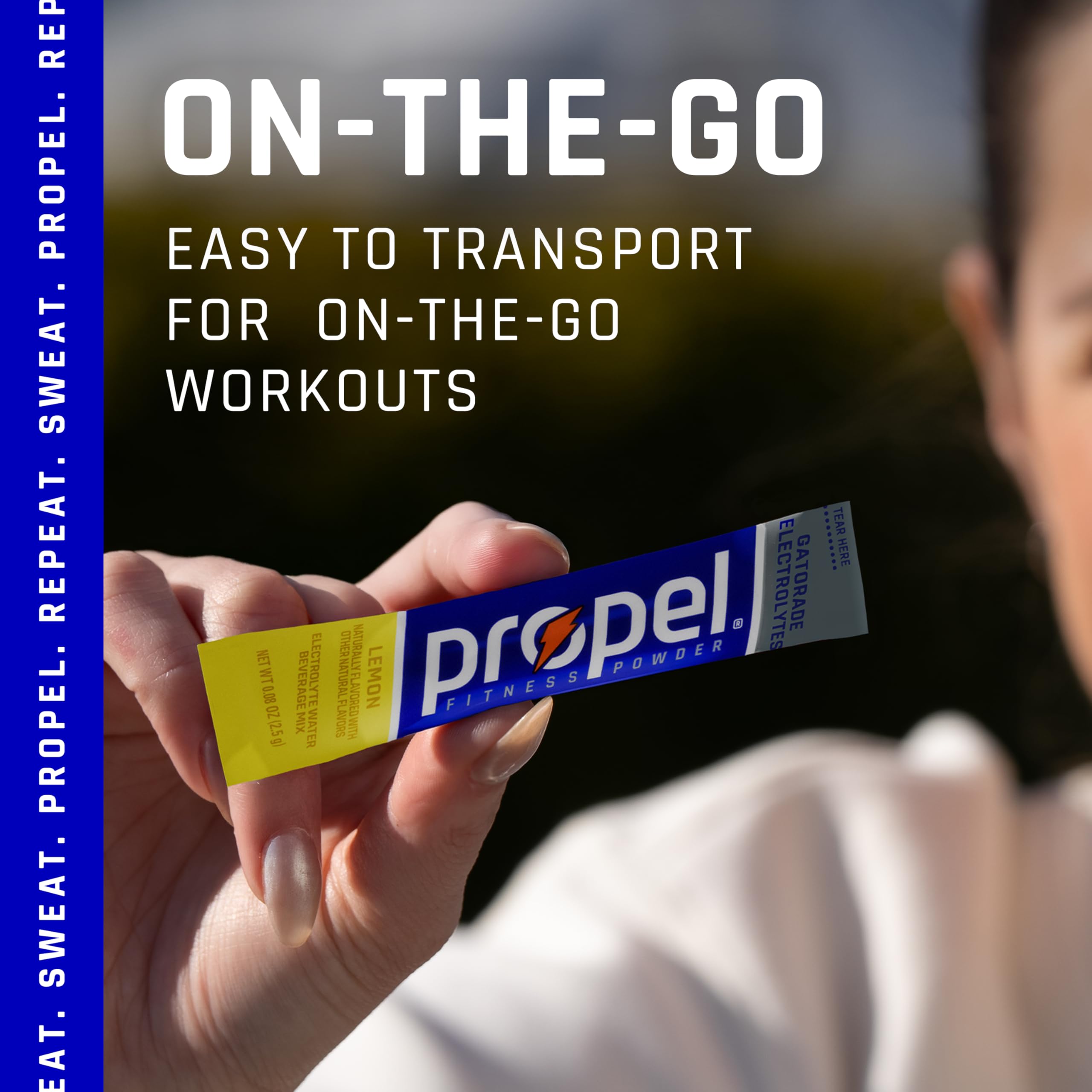 Close-up of Propel lemon packet, compact and portable for easy on-the-go hydration