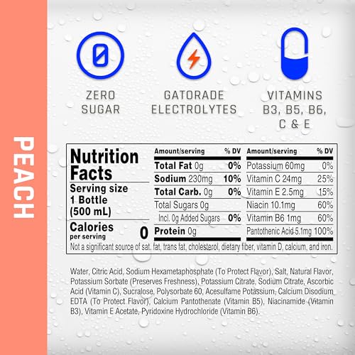 Propel Peach bottle close-up highlighting electrolytes for workout hydration