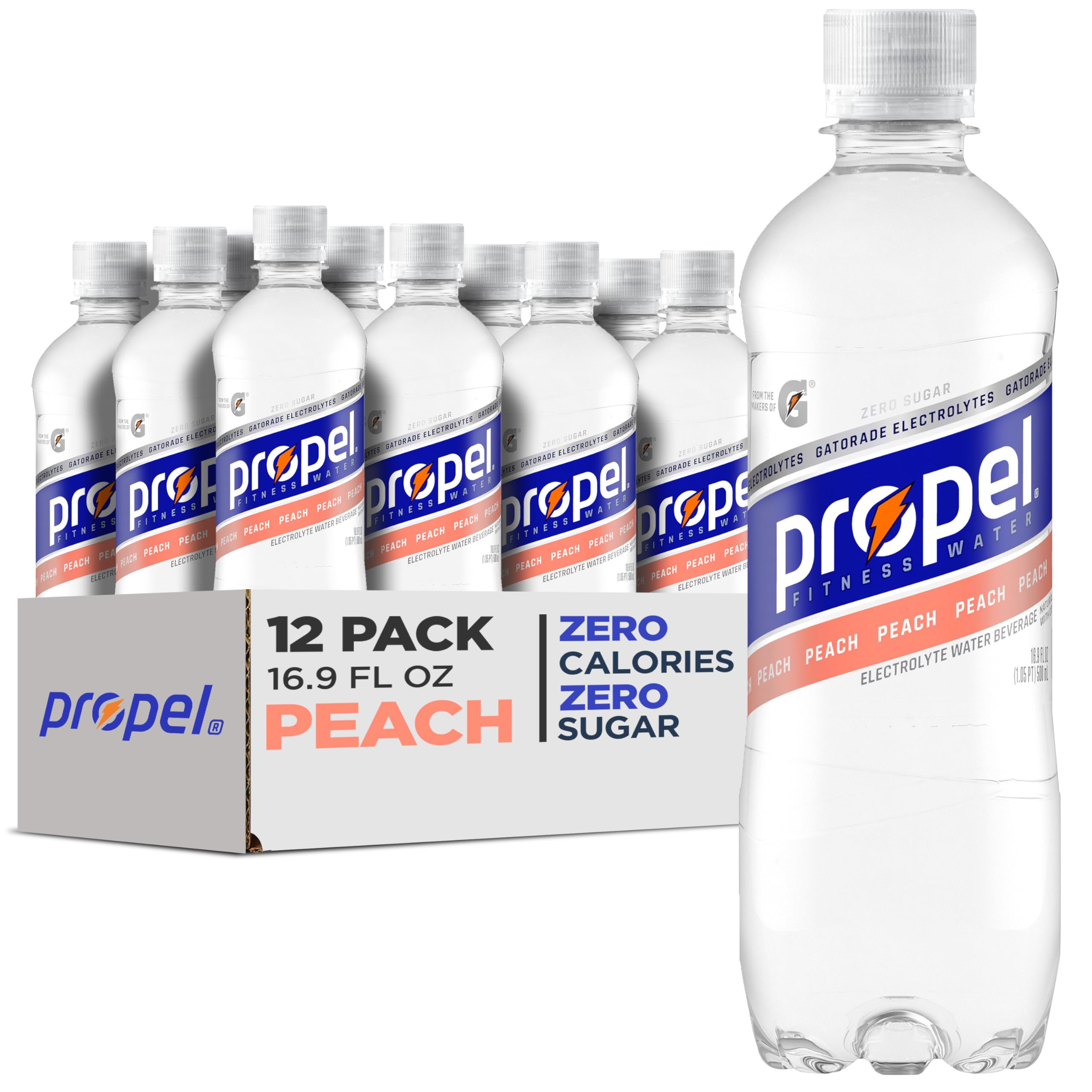 Propel Peach zero calorie water bottle front for workout hydration