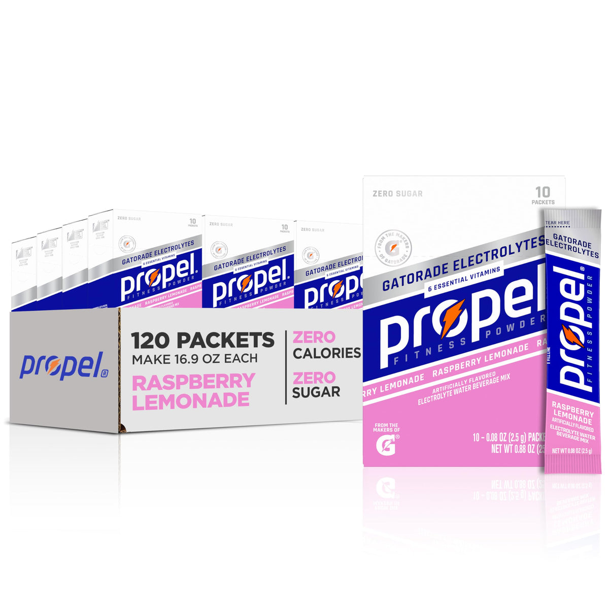 Propel Raspberry Lemonade packets for zero calorie hydration on the go.