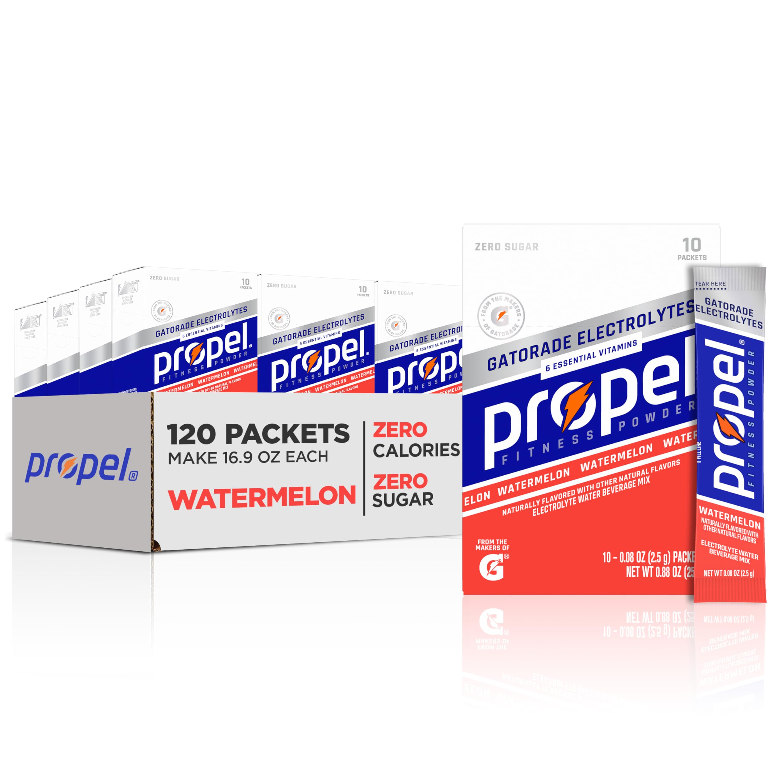 Propel Watermelon packets in a box for zero-calorie hydration during workouts.