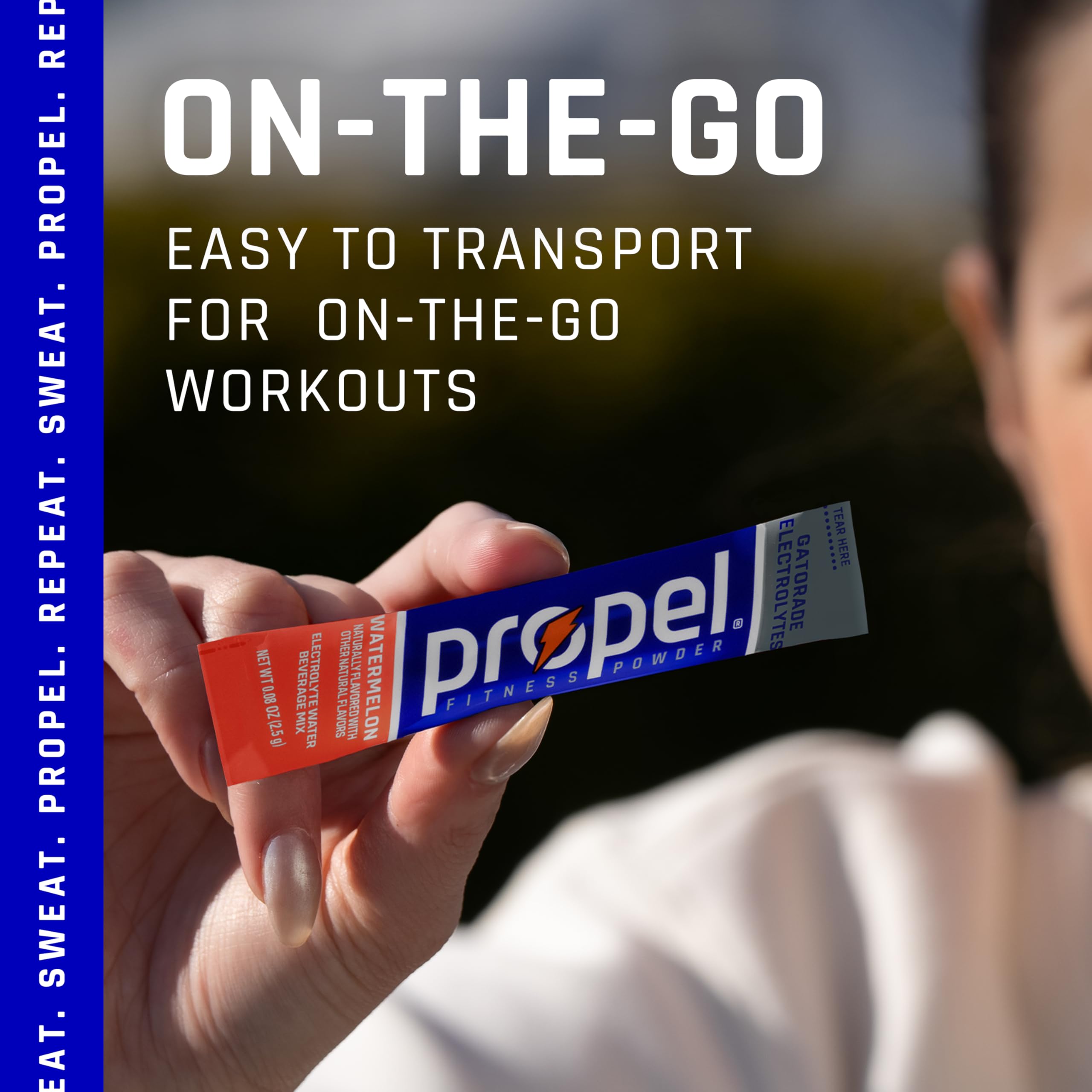 Propel zero-calorie label emphasizes sugar-free hydration for active days.