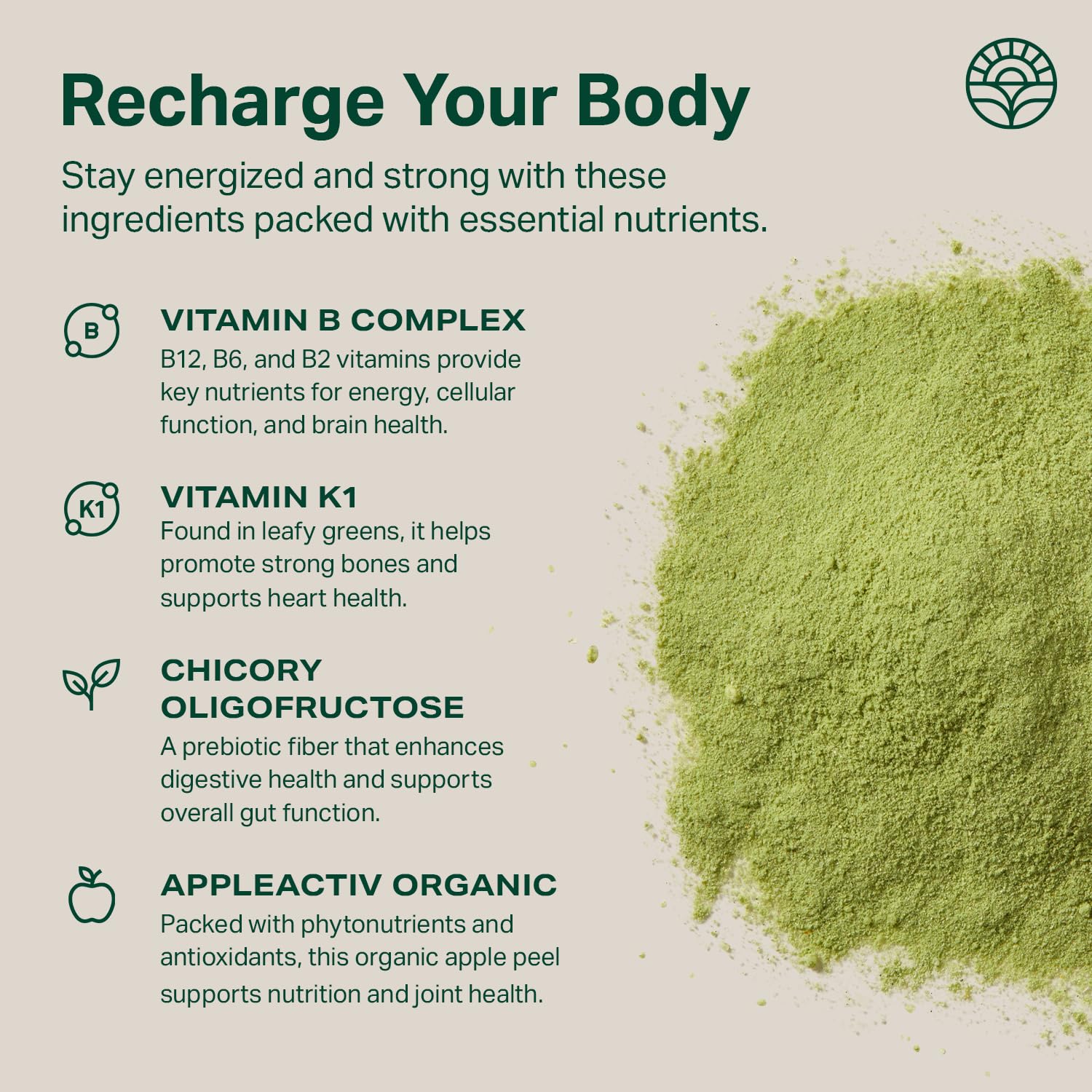 Illustration of greens blend ingredients like wheatgrass, spirulina, chlorella on label.