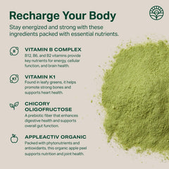 Illustration of greens blend ingredients like wheatgrass, spirulina, chlorella on label.
