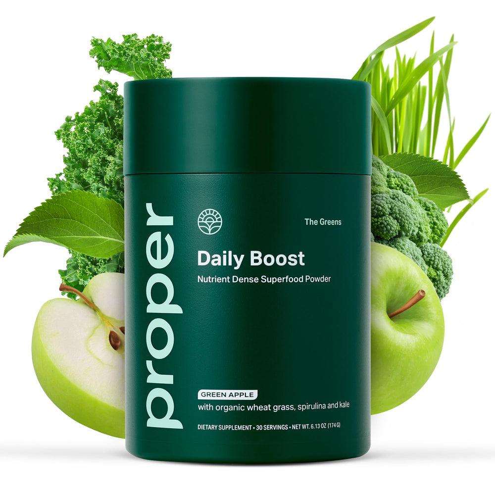 Proper Greens Daily Boost tub on the counter, ready for a daily wellness ritual.