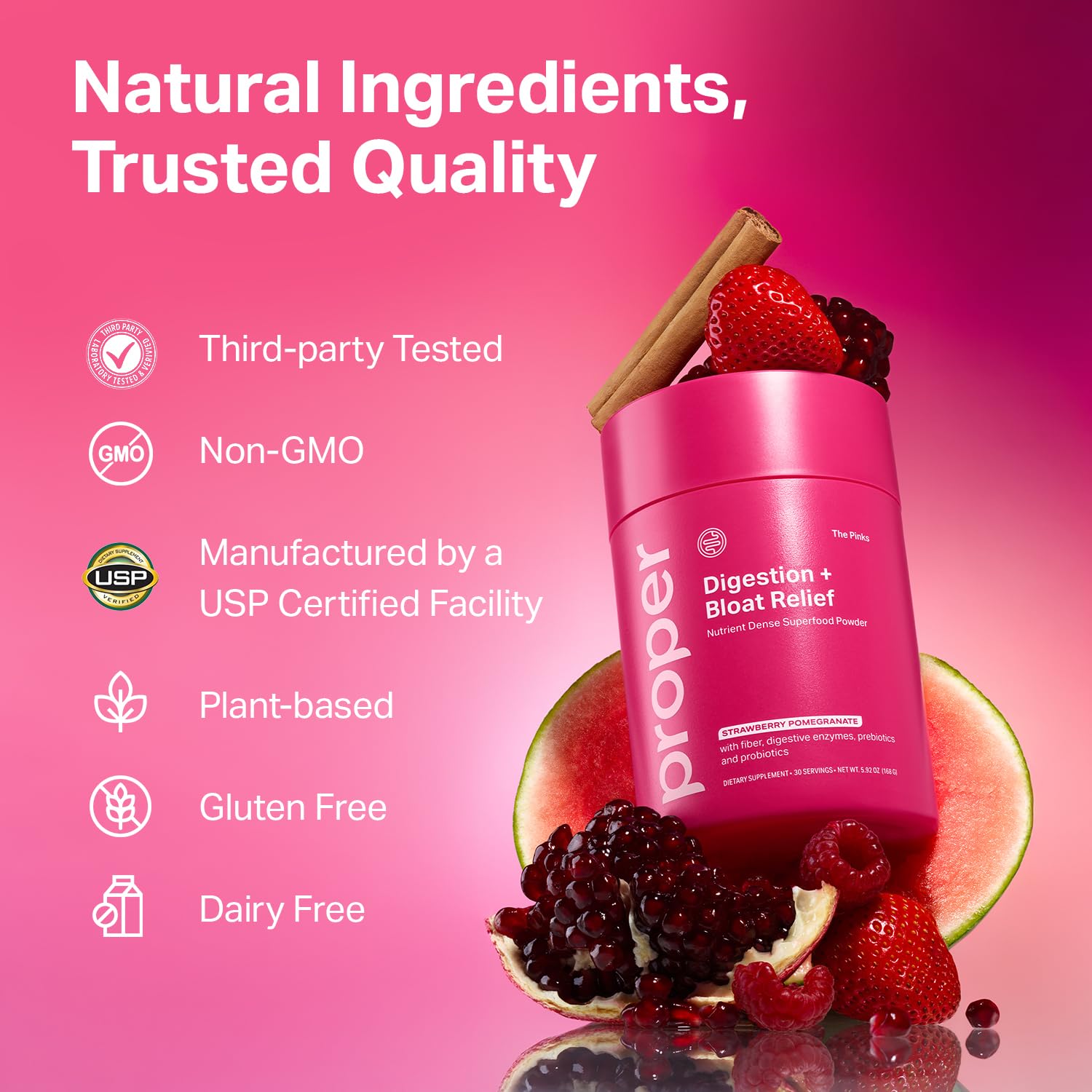 Proper Pinks beet root fiber visual hints at fiber-rich digestive support.