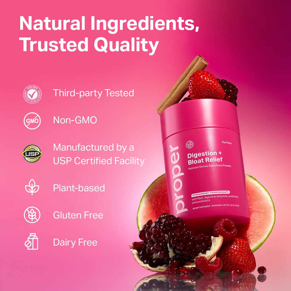 Proper Pinks beet root fiber visual hints at fiber-rich digestive support.