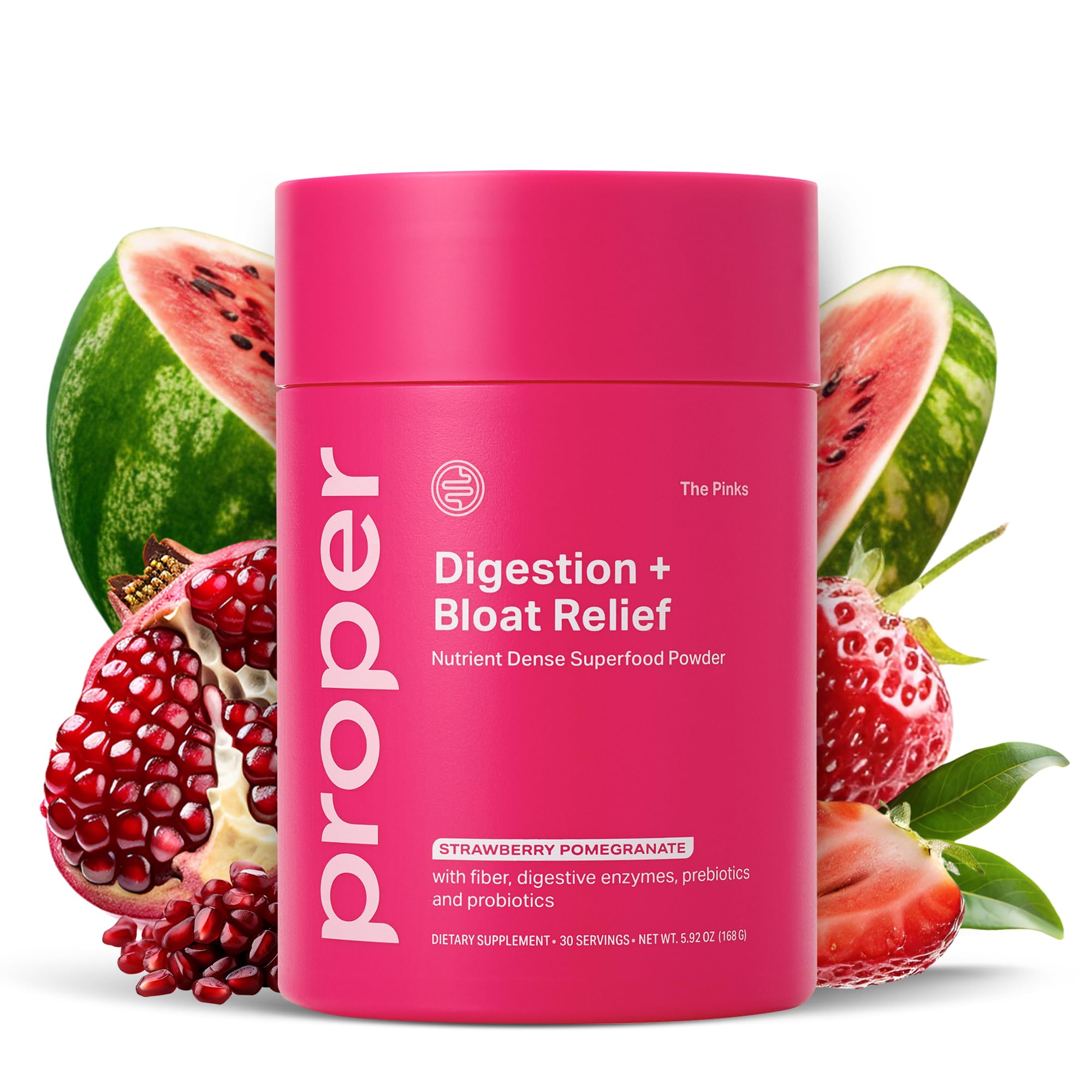 Proper Pinks digestion powder tub for daily gut health support.