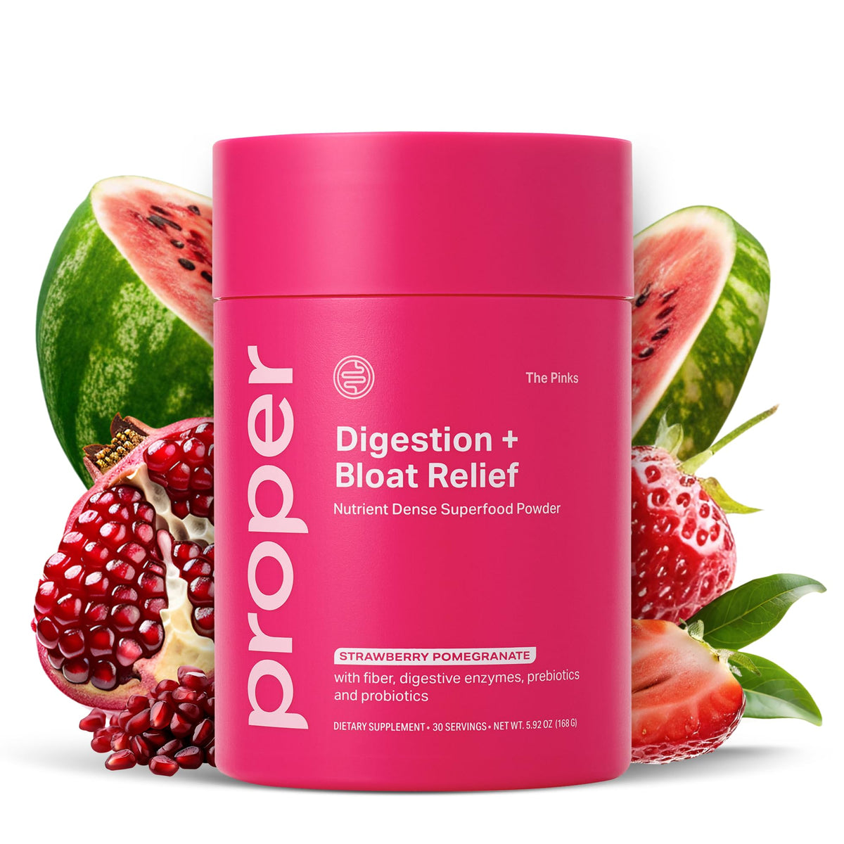 Proper Pinks digestion powder tub for daily gut health support.