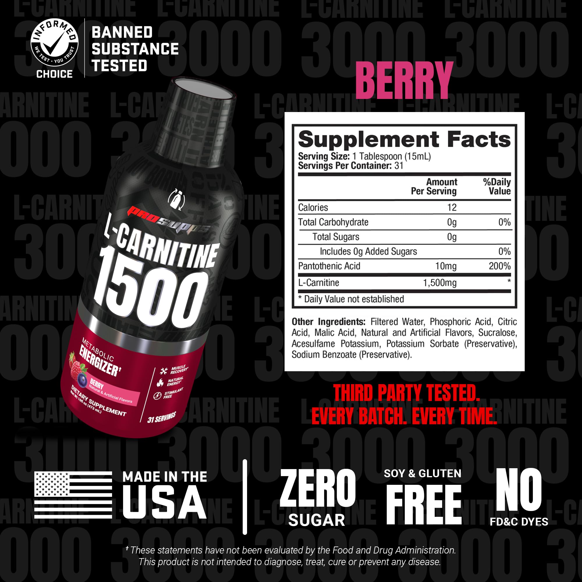 ProSupps L-Carnitine Liquid 1500 label closeup with ingredients and notes.
